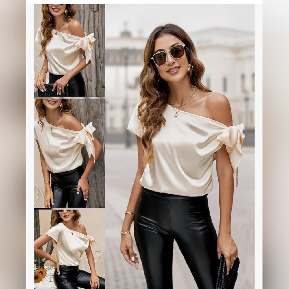 NWT Vidussa Satin Tie Shoulder Asymmetric Gold Party Evening Fairy Top Size S